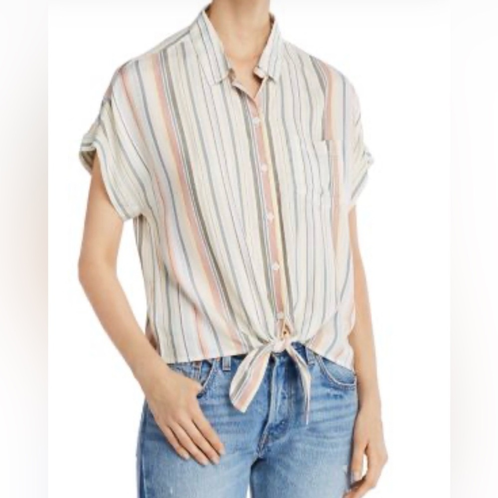 BeachLunchLounge linen blend striped tie front top, XS